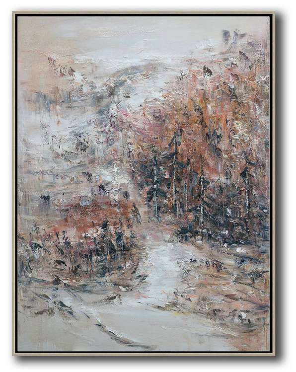 Original Abstract Landscape Oil Painting On Canvas,Large Canvas Wall Art For Sale,Grey,White,Pink,Brown